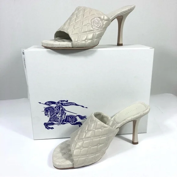 Burberry Leather Quilted Heeled Slide Sandals Plaster 39 9 NEW - Picture 3 of 17